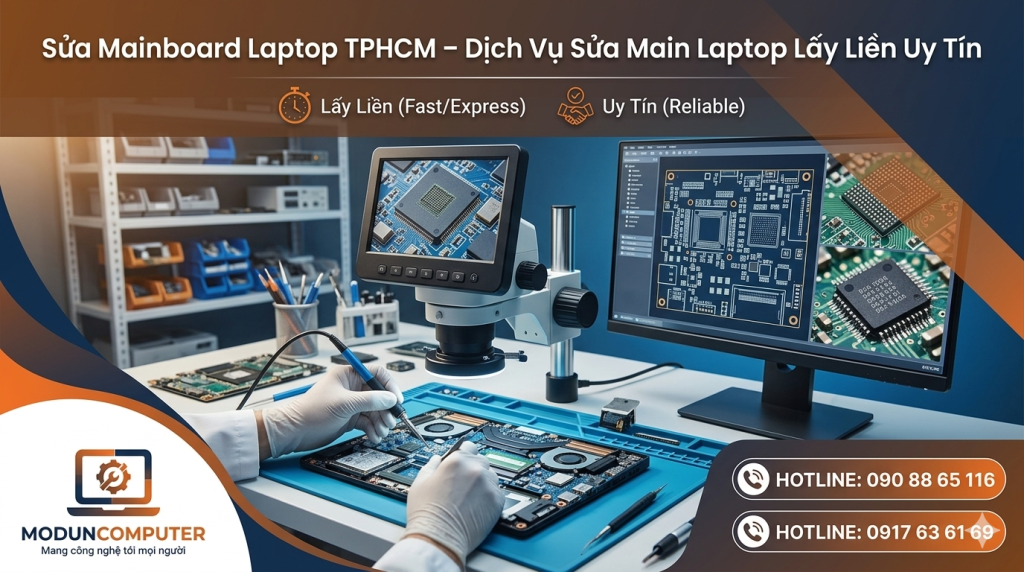Tìm hiểu dịch vụ sửa mainboard laptop TPHCM, sửa main laptop lấy liền với các lỗi không lên nguồn, mất hình, chập nguồn, lỗi chipset, BIOS. Hướng dẫn nhận biết lỗi mainboard laptop và quy trình sửa chữa chuyên nghiệp.