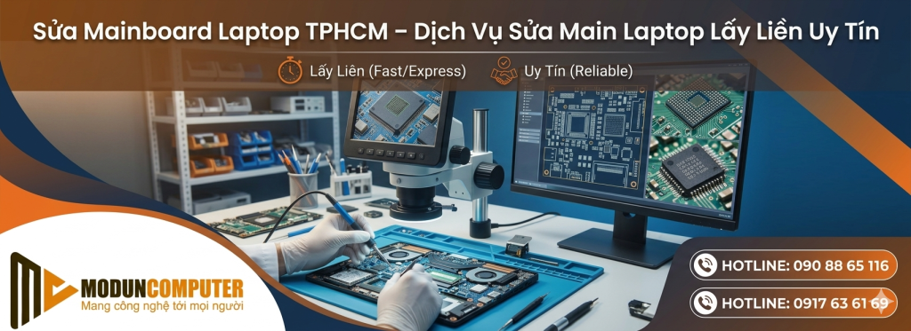 Tìm hiểu dịch vụ sửa mainboard laptop TPHCM, sửa main laptop lấy liền với các lỗi không lên nguồn, mất hình, chập nguồn, lỗi chipset, BIOS. Hướng dẫn nhận biết lỗi mainboard laptop và quy trình sửa chữa chuyên nghiệp.