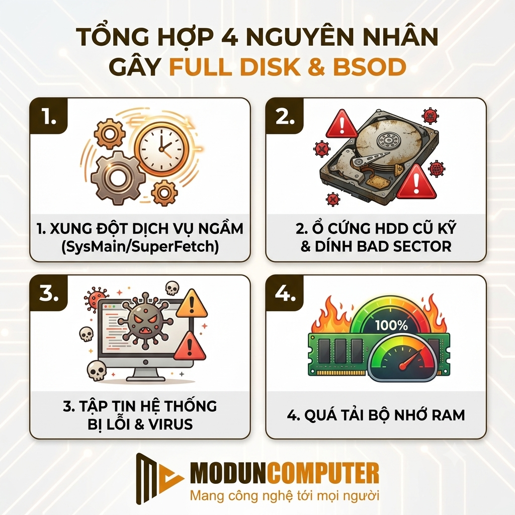 4 Nguyên nhân gây lỗi Full Disk & Màn hình xanh